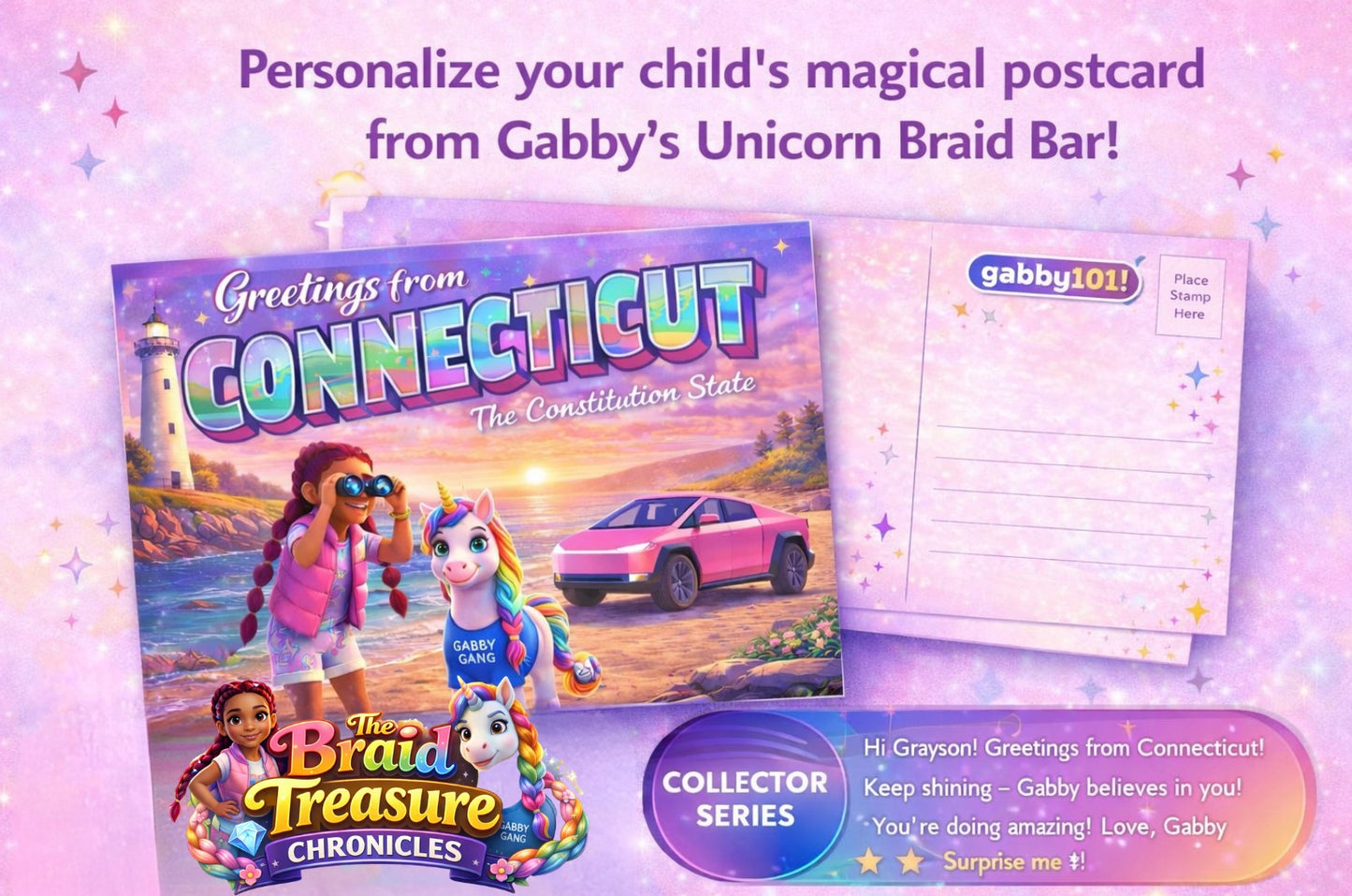 Braid Treasure Chronicles™ Postcard A Magical Surprise from Gabby’s Unicorn Braid Bar